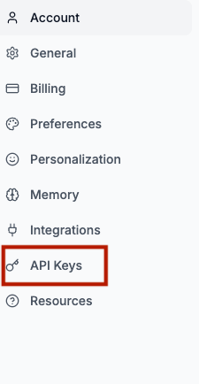 Settings sidebar with the API Keys tab highlighted