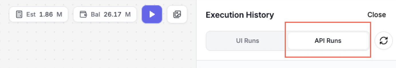 Execution History panel showing API Runs tab with completed runs and credits
