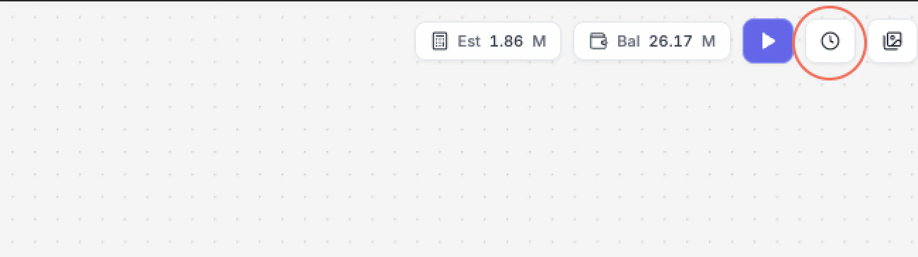 Workflow editor toolbar with the Execution History clock icon highlighted