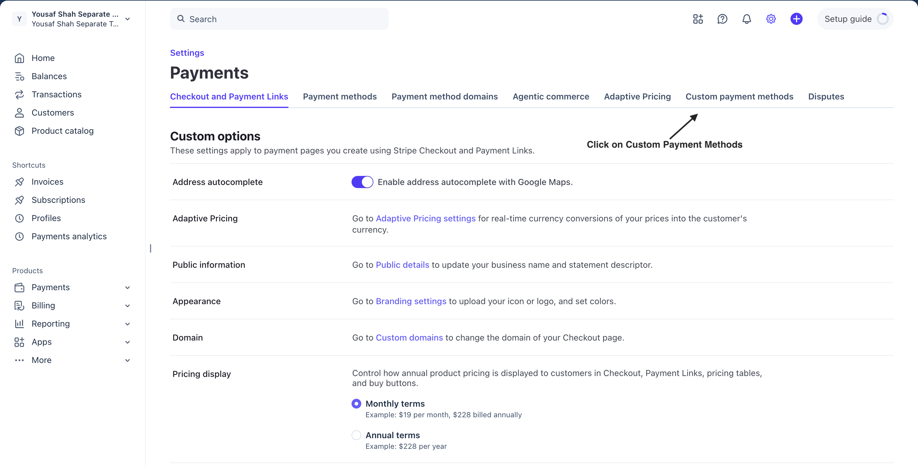 Payments settings tabs with Custom payment methods highlighted