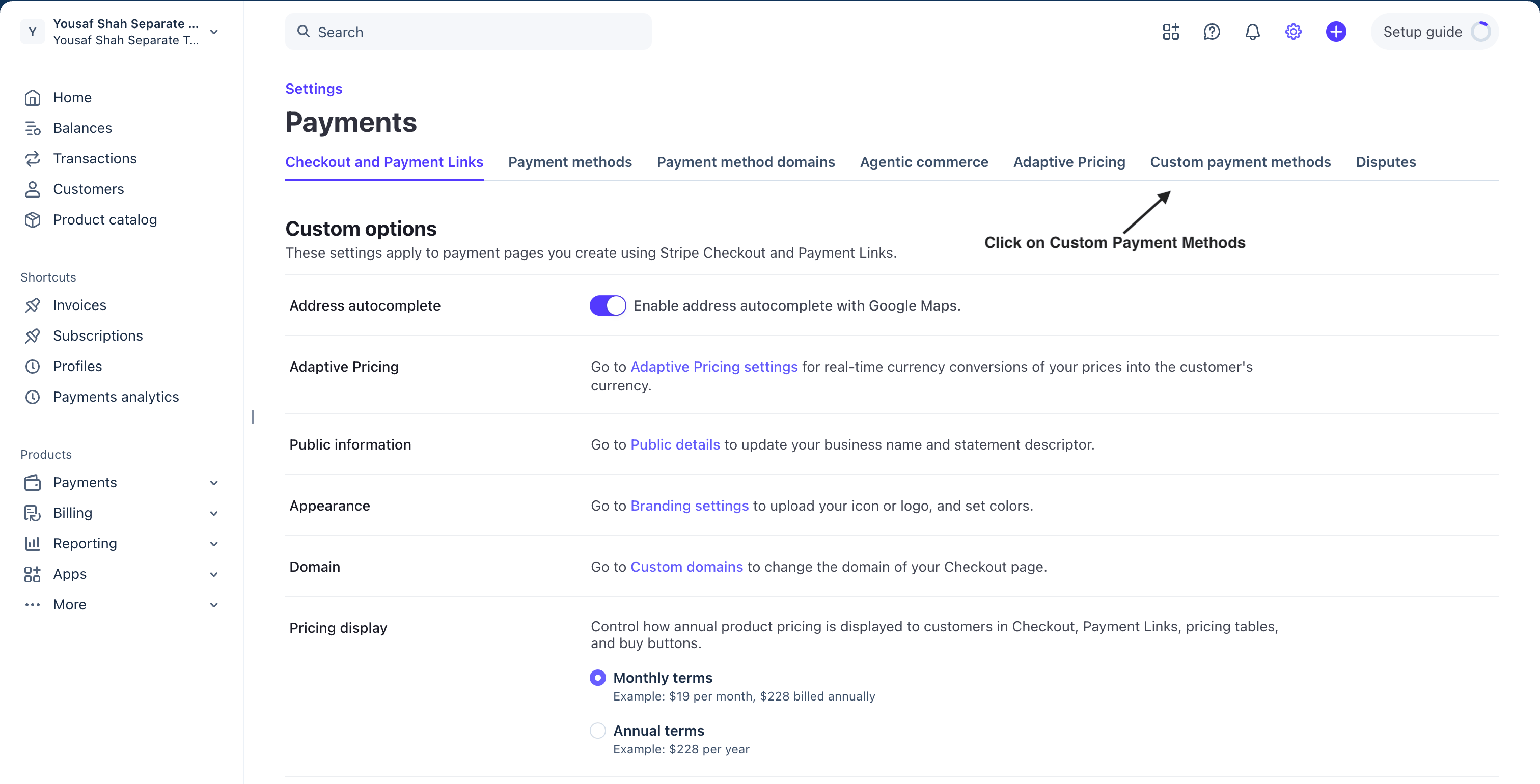 Payments settings tabs with Custom payment methods highlighted