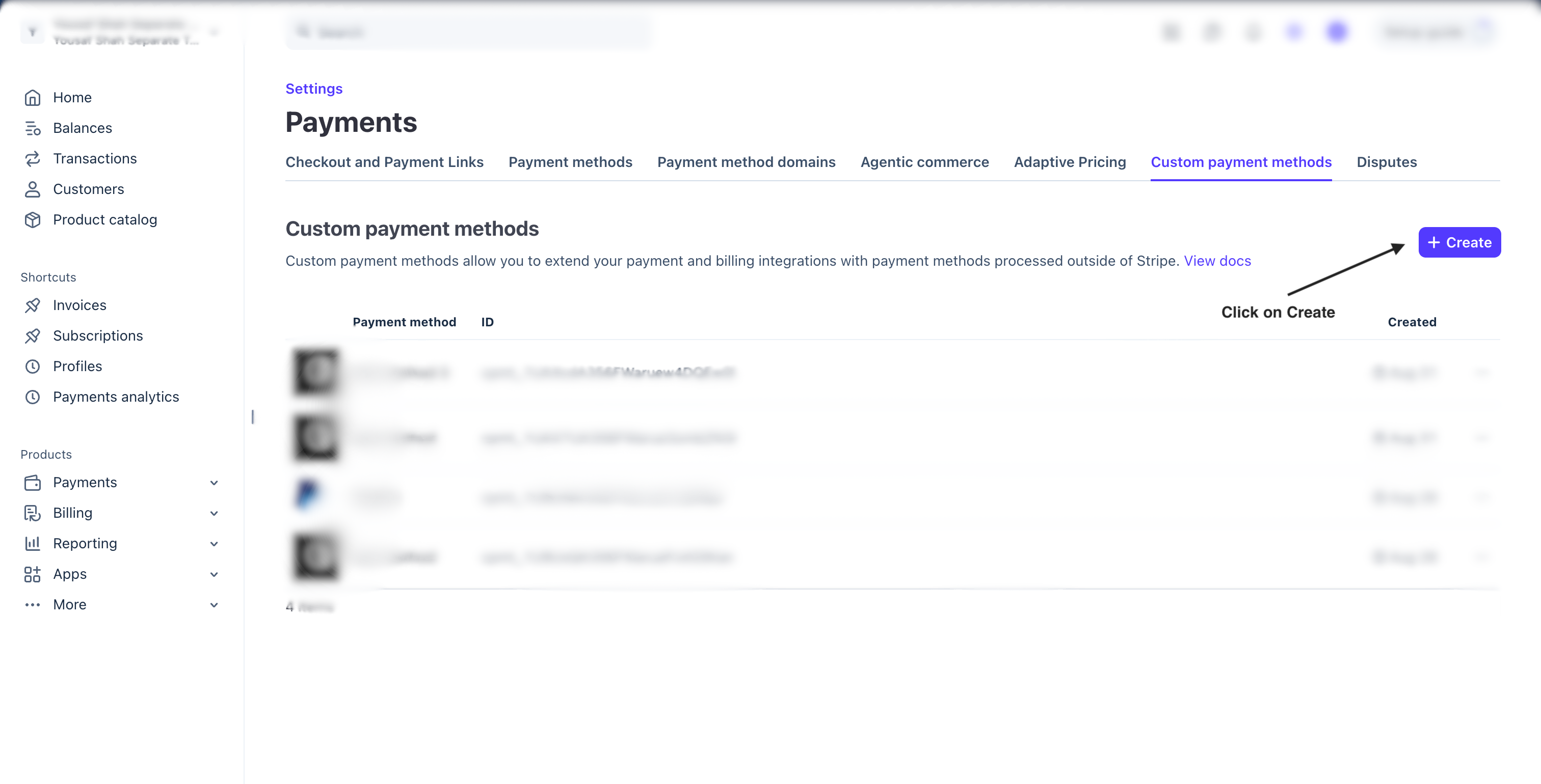 Custom payment methods list with the Create button highlighted