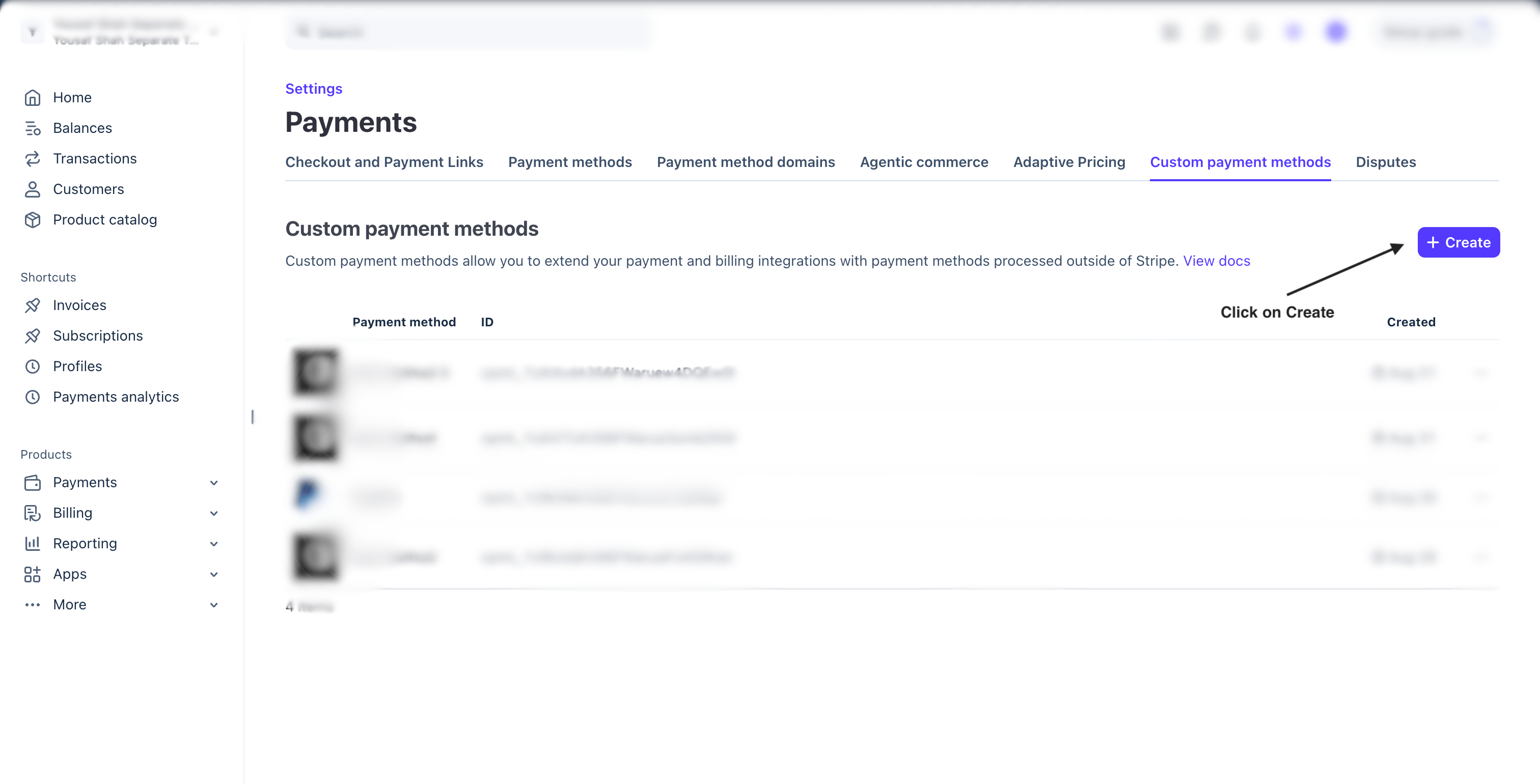 Custom payment methods list with the Create button highlighted
