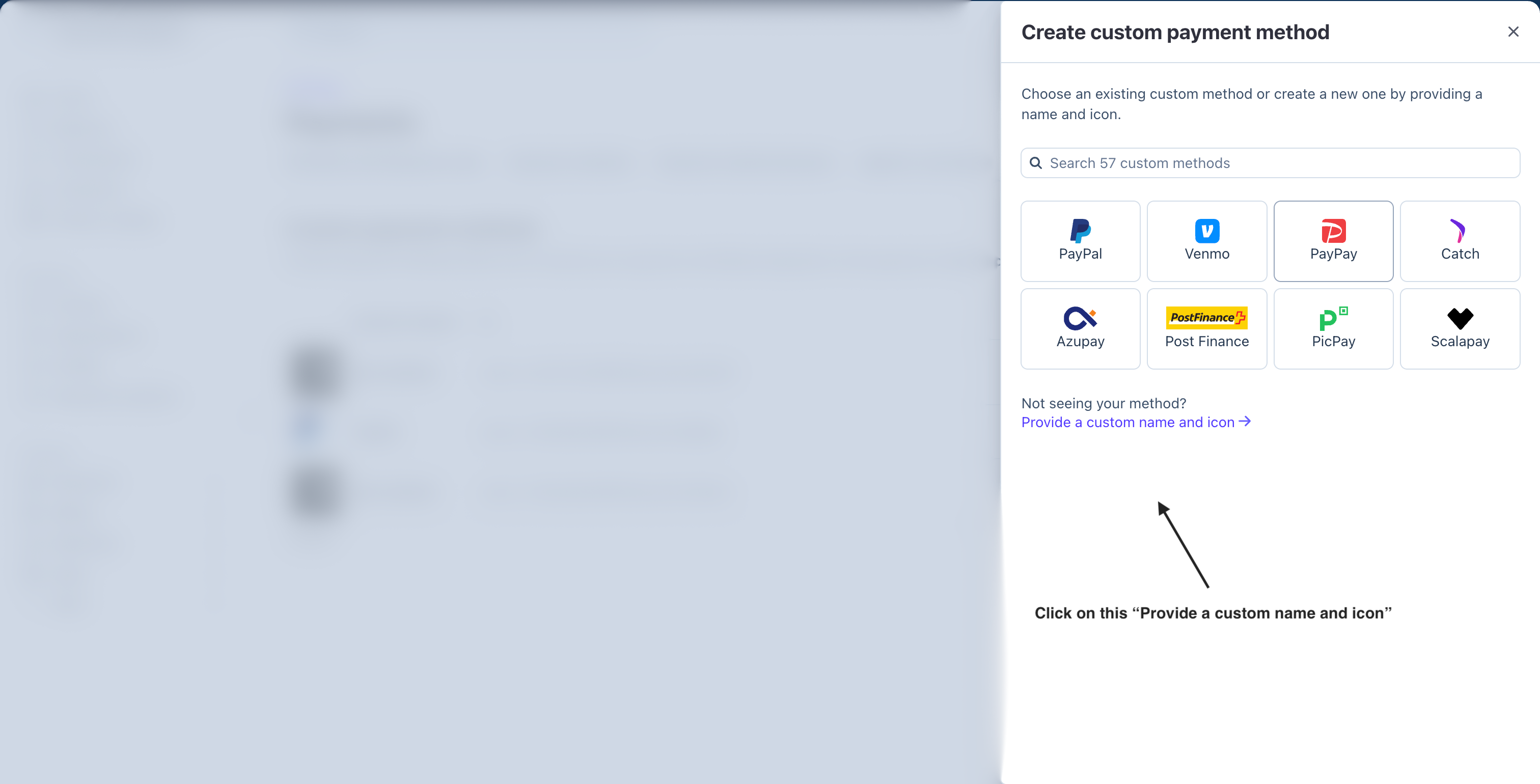 Create custom payment method panel with the custom name and icon link highlighted