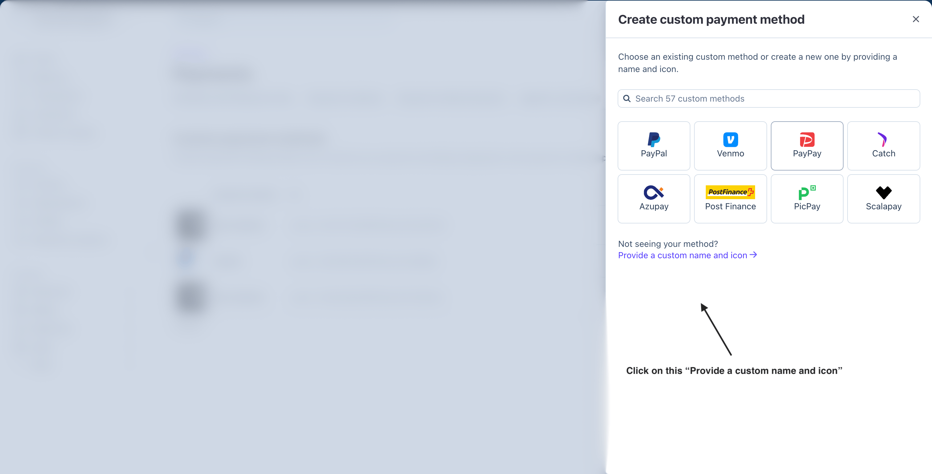 Create custom payment method panel with the custom name and icon link highlighted
