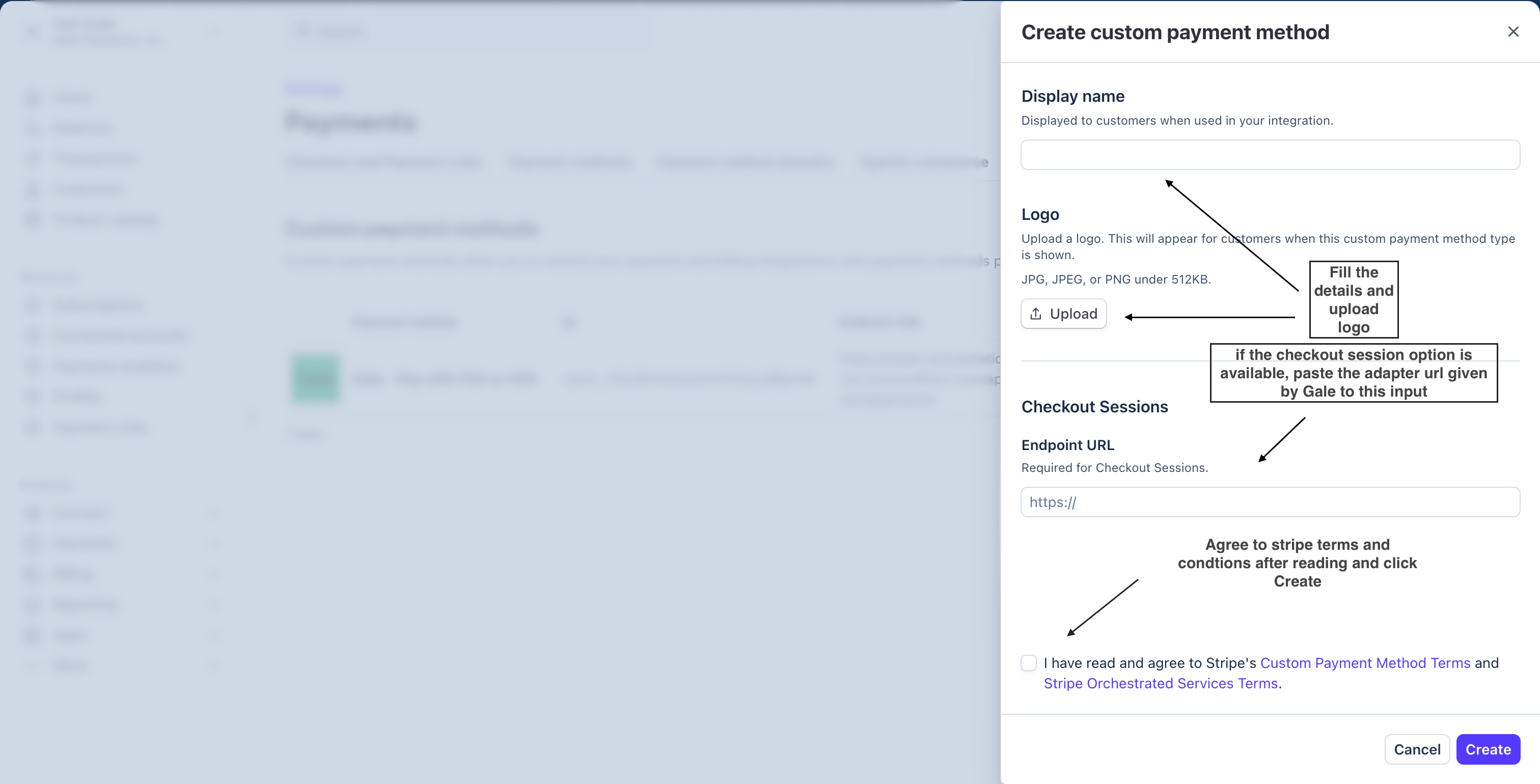 Create custom payment method form showing display name, logo upload, Checkout Sessions endpoint URL and the terms checkbox