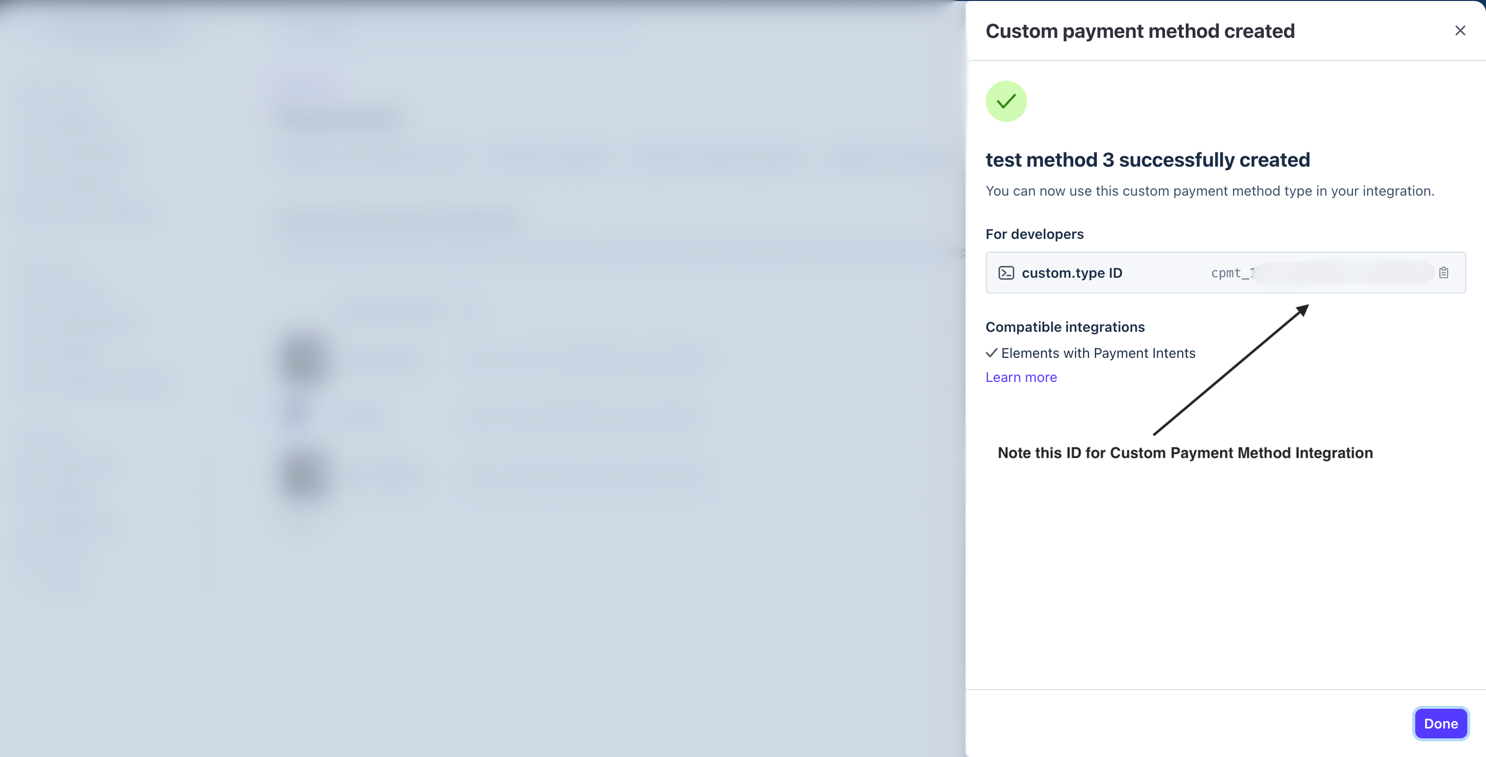 Confirmation panel showing the custom.type ID to copy