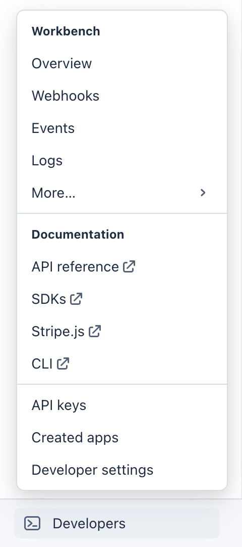 Stripe Developers menu listing Workbench, Documentation, and API keys