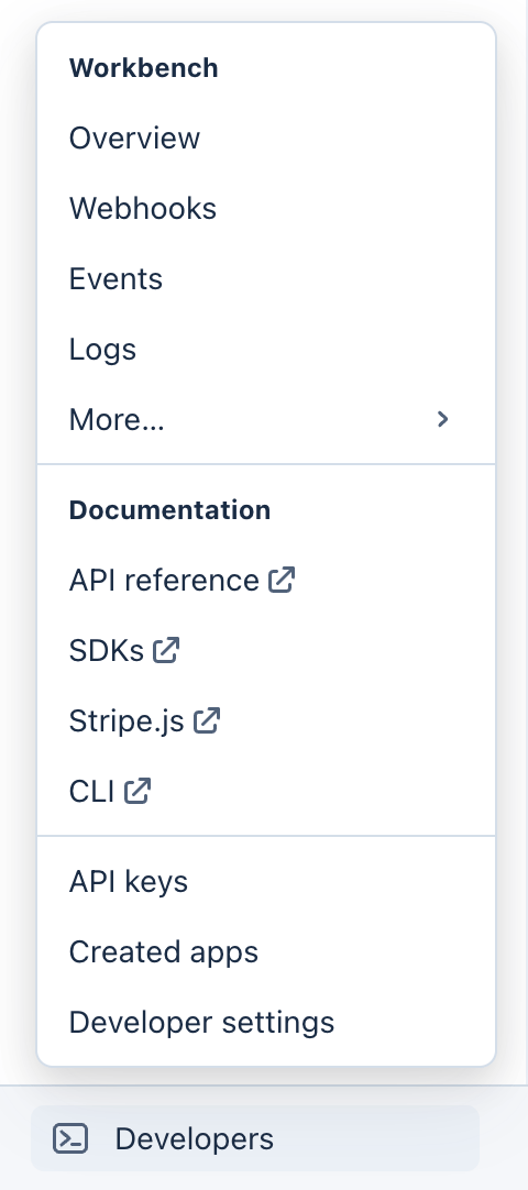 Stripe Developers menu listing Workbench, Documentation, and API keys