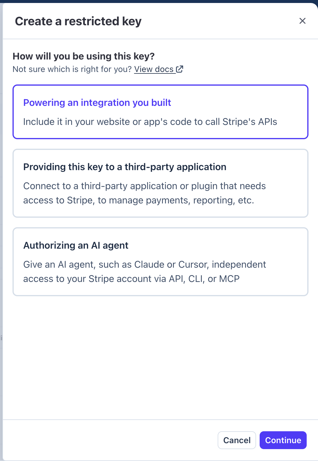 Create a restricted key dialog with three usage options