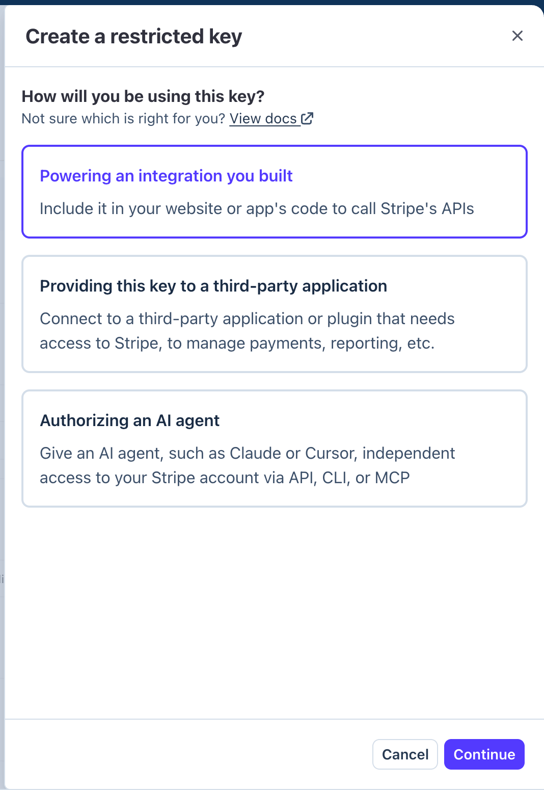 Create a restricted key dialog with three usage options