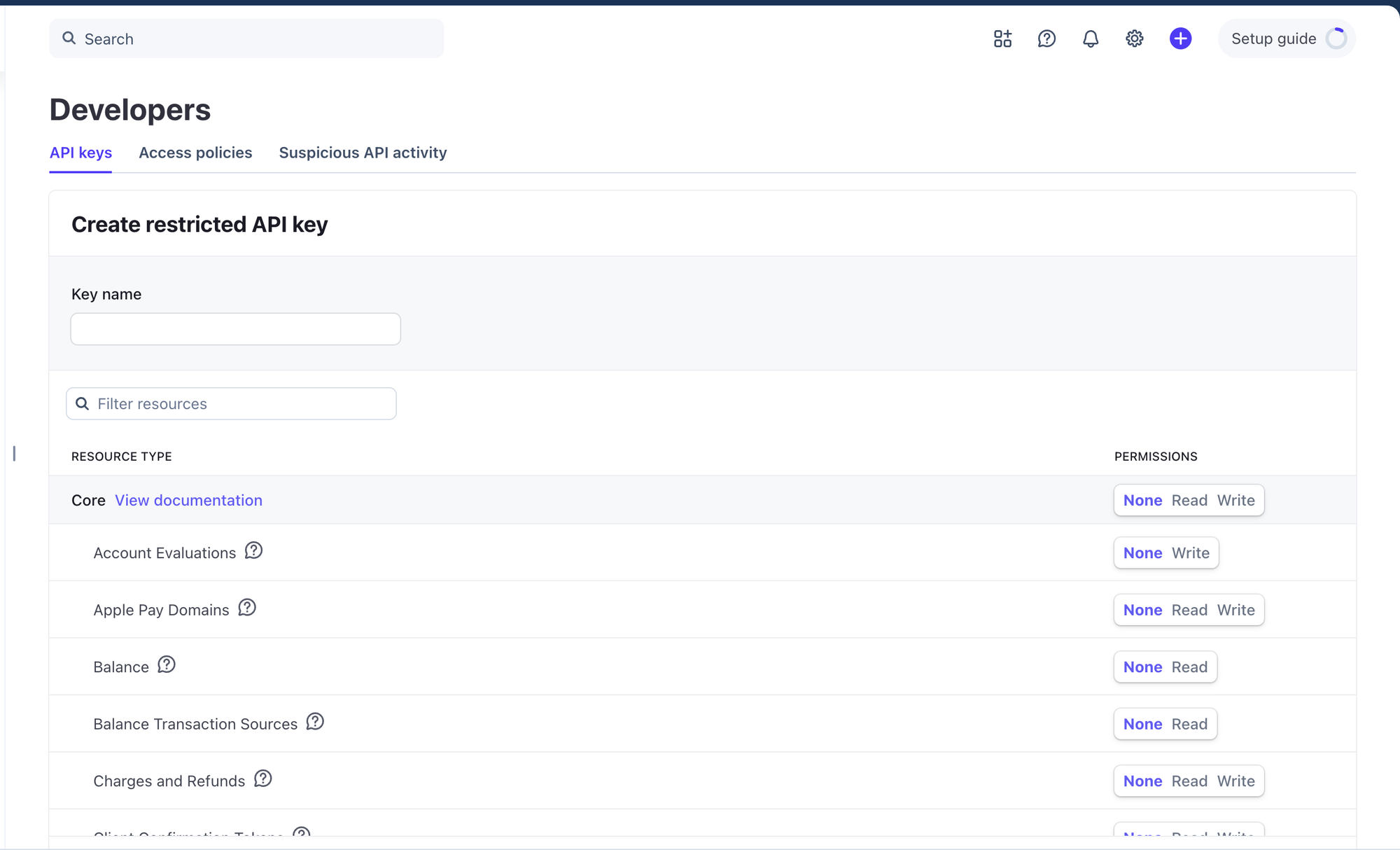 Create restricted API key page listing resources with None, Read and Write toggles
