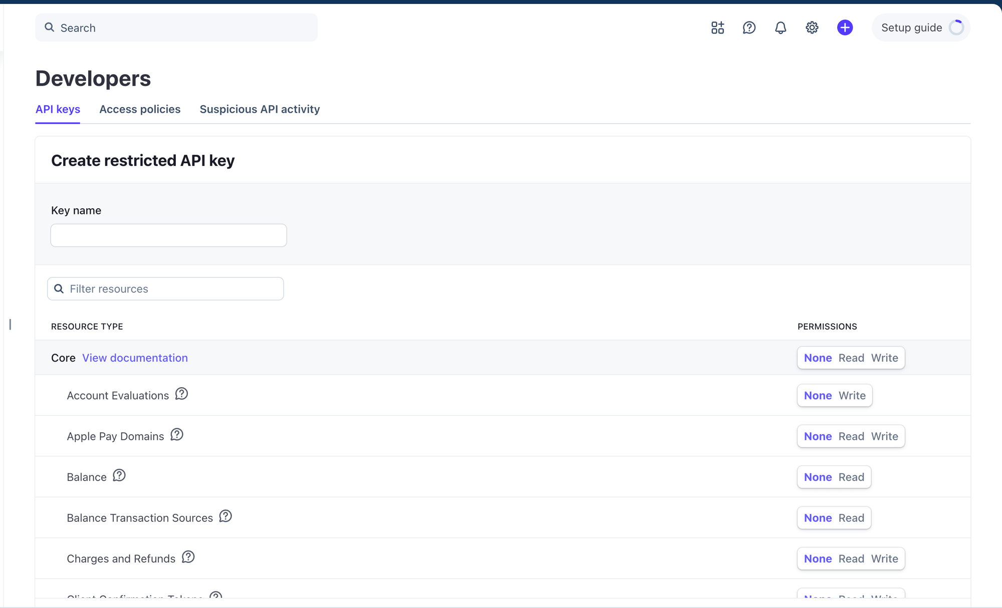 Create restricted API key page listing resources with None, Read and Write toggles