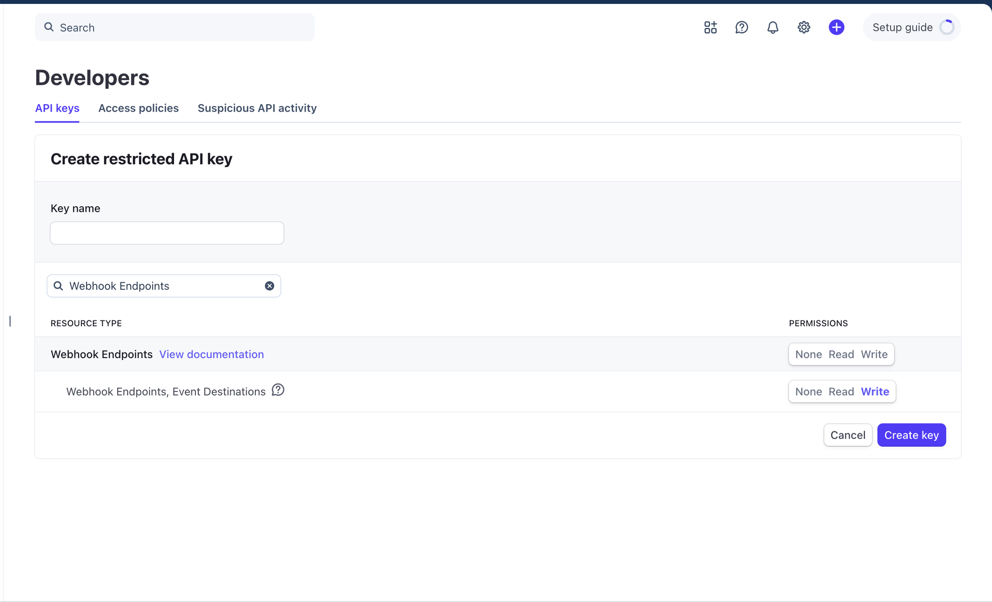 Filtering for Webhook Endpoints shows a section header and a child row named Webhook Endpoints, Event Destinations set to Write
