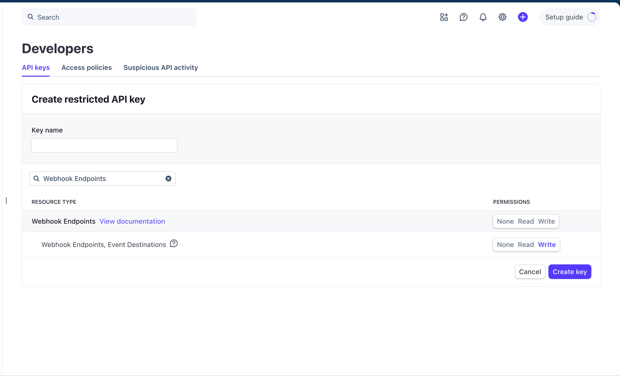 Filtering for Webhook Endpoints shows a section header and a child row named Webhook Endpoints, Event Destinations set to Write