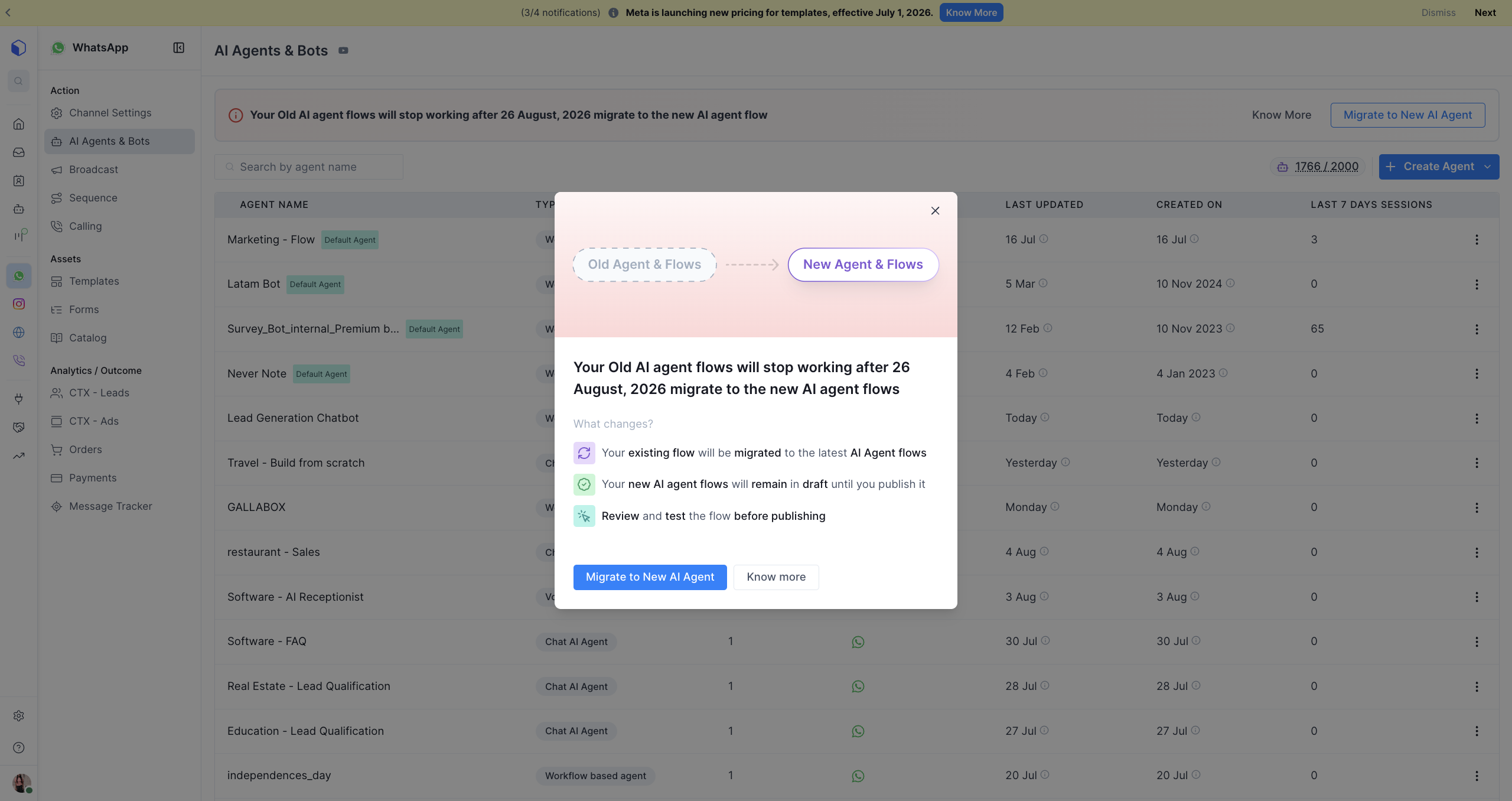 AI Agents & Bots page showing the migration banner and the Migrate to New AI Agent dialog