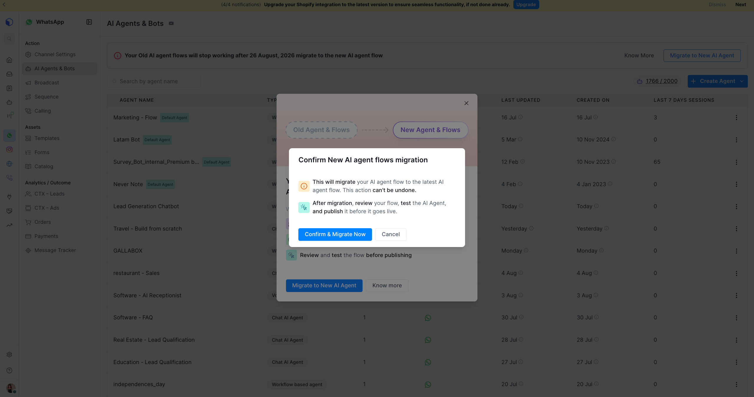 Confirm New AI agent flows migration dialog with Confirm & Migrate Now and Cancel buttons