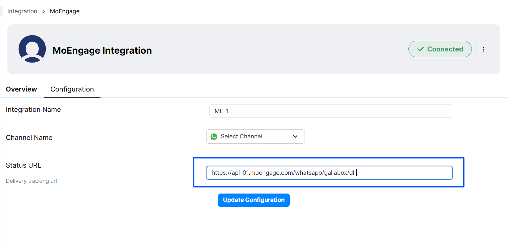 Pasting the delivery-report-callback-url in Gallabox
