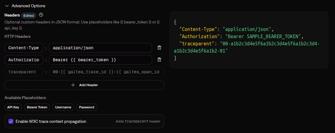 W3C trace context propagation checkbox in the Headers section of Advanced Options