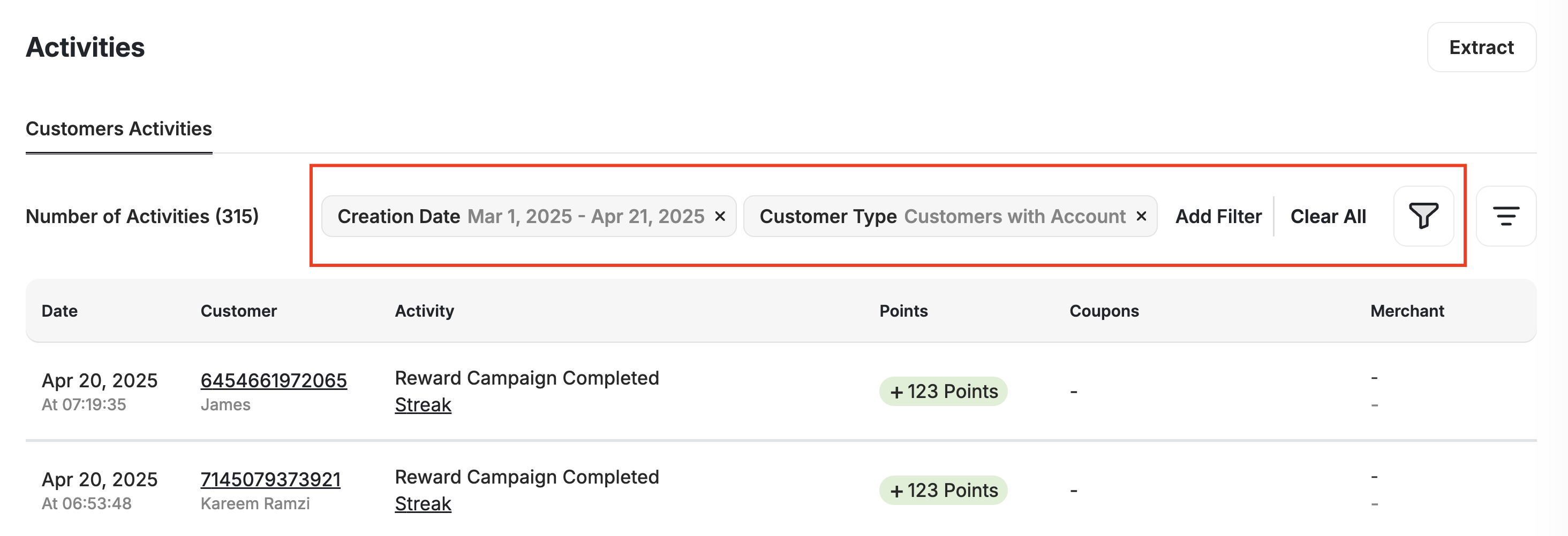Activity list filters