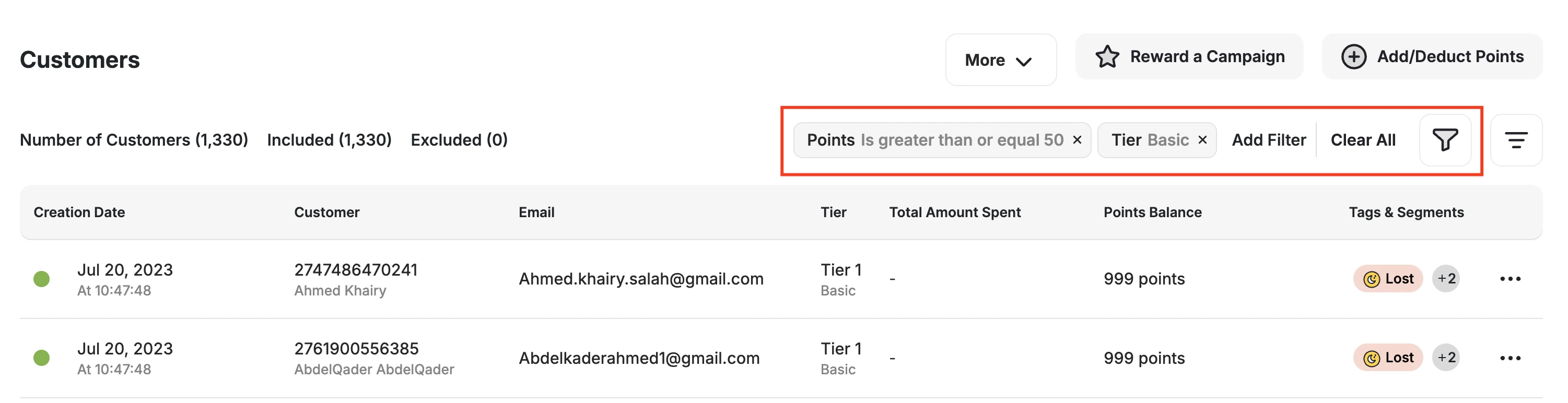 Customer list filters