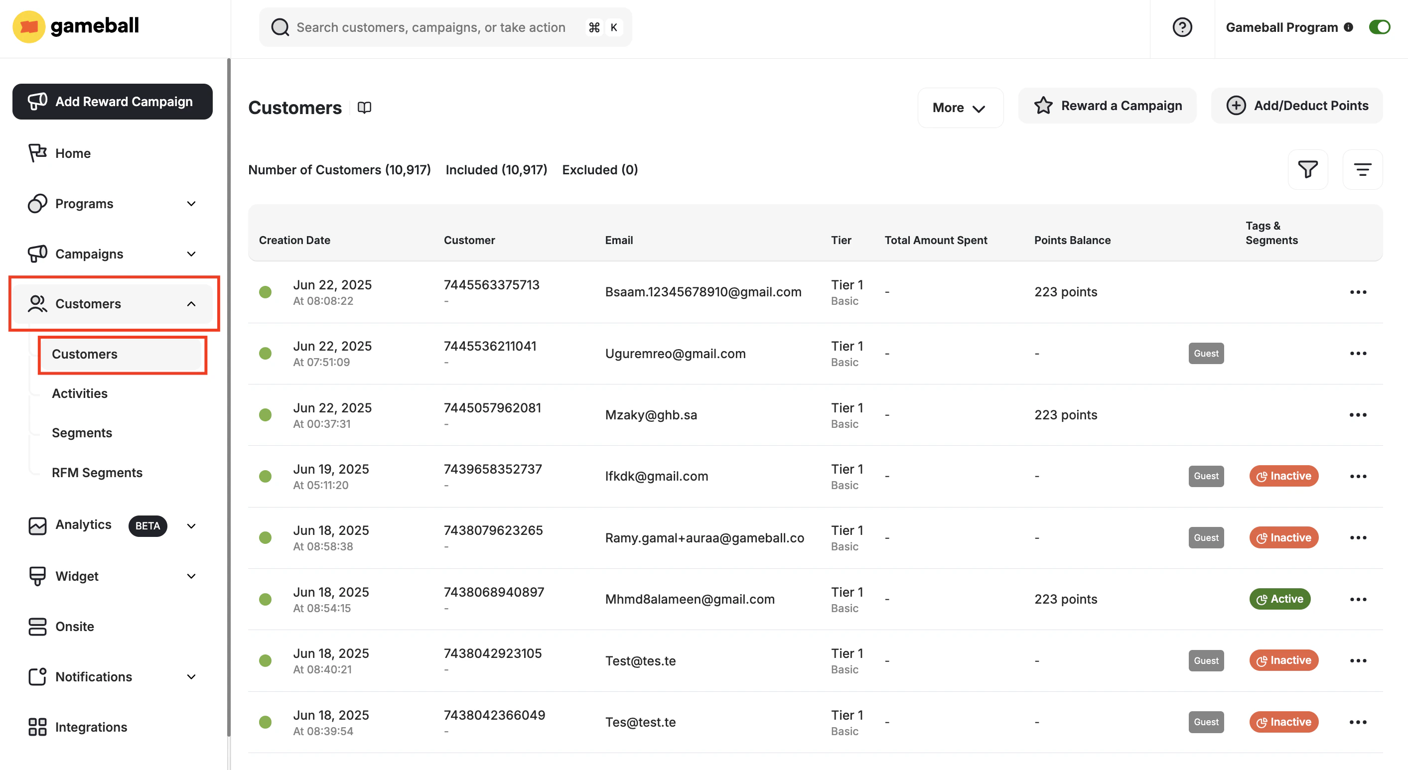 Customer list page