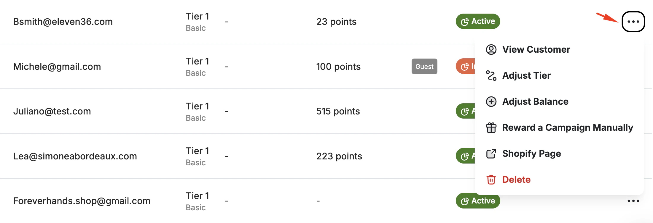Customer row actions