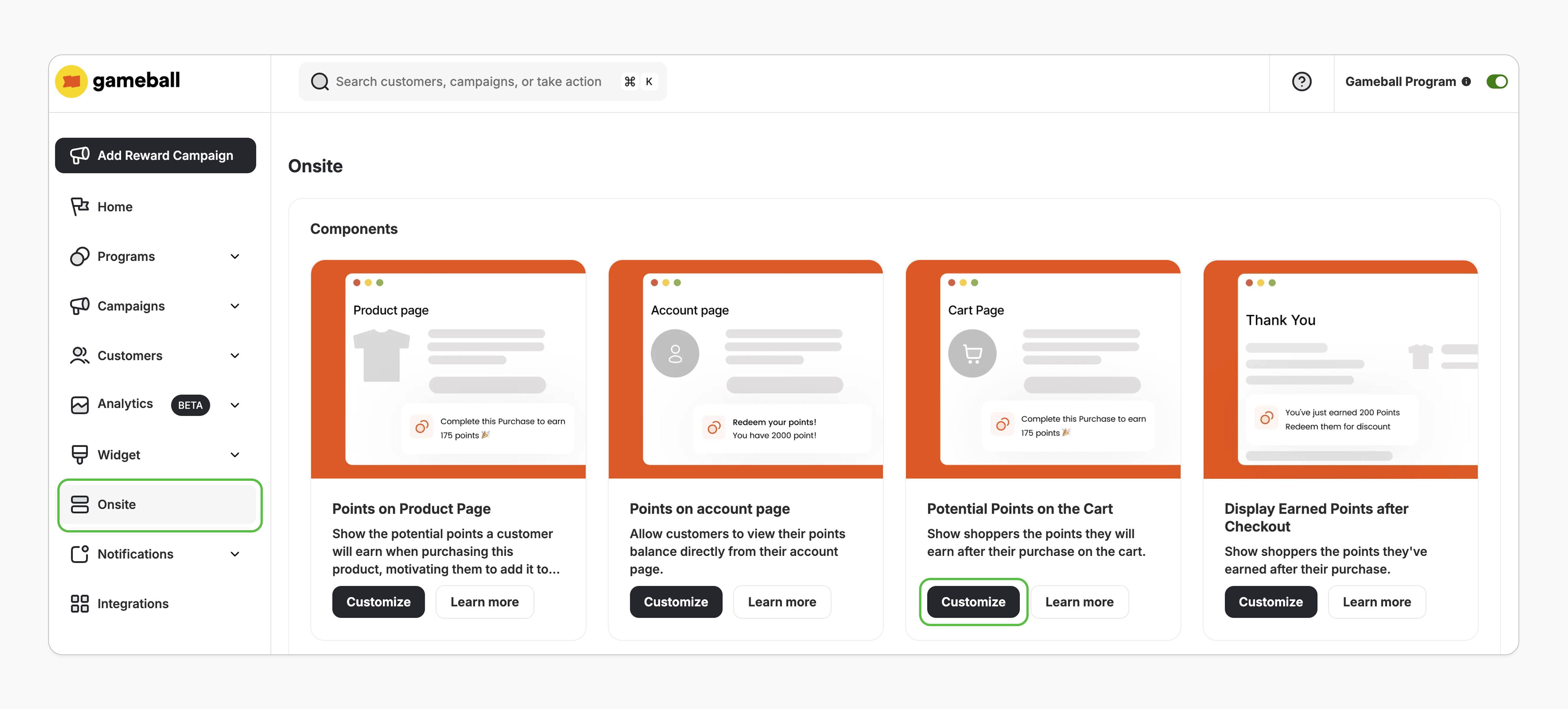 Navigate to Onsite customize