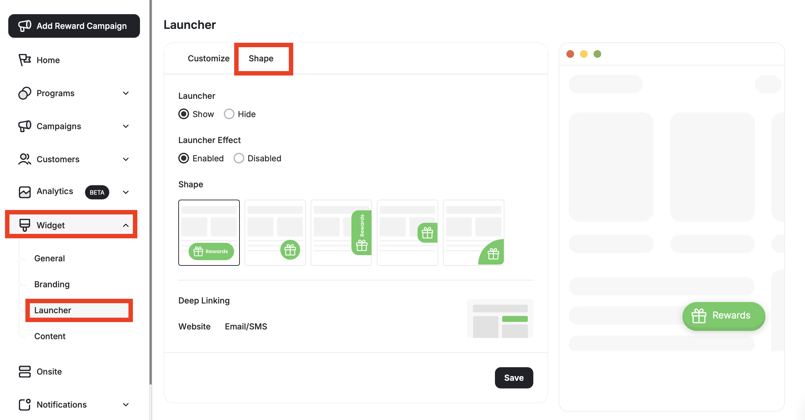 Launcher shape section
