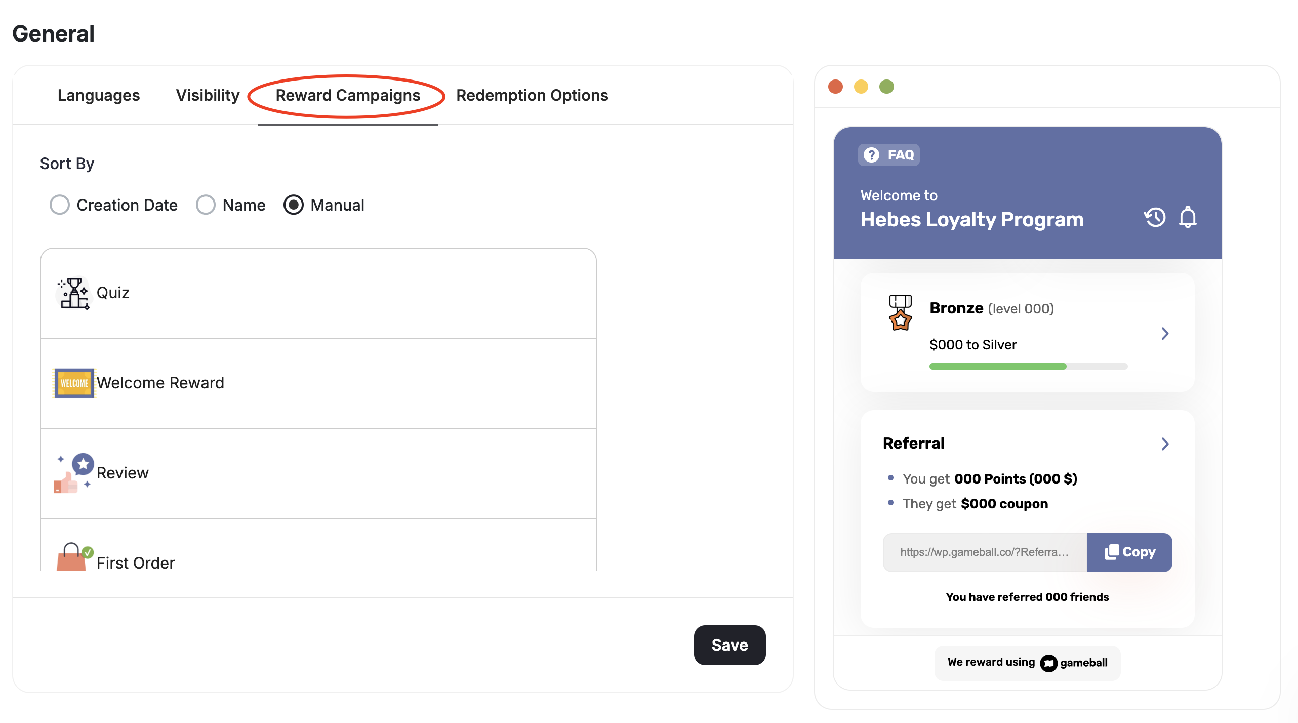 Reward campaigns sorting section
