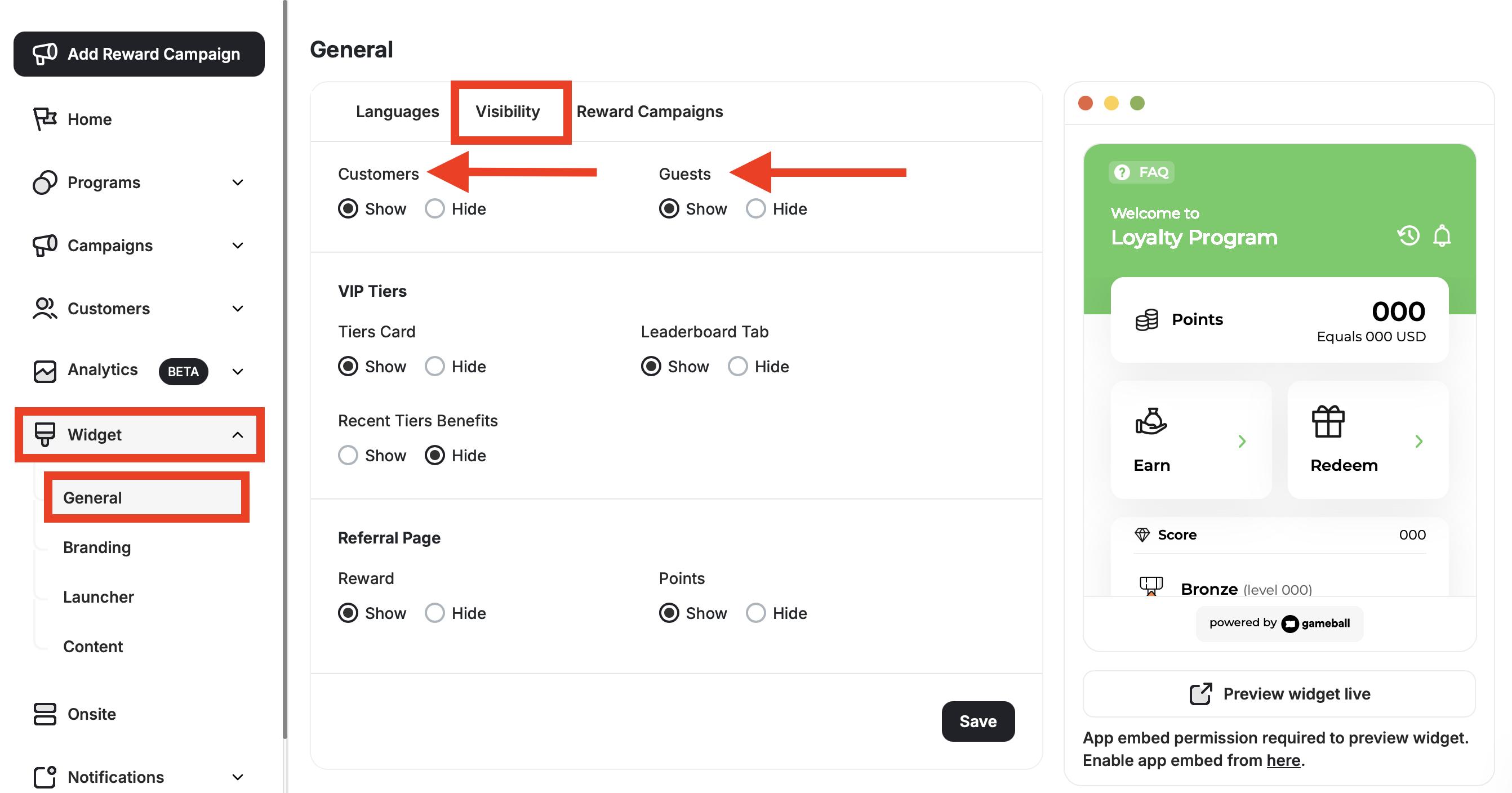 Widget visibility settings for customers and guests