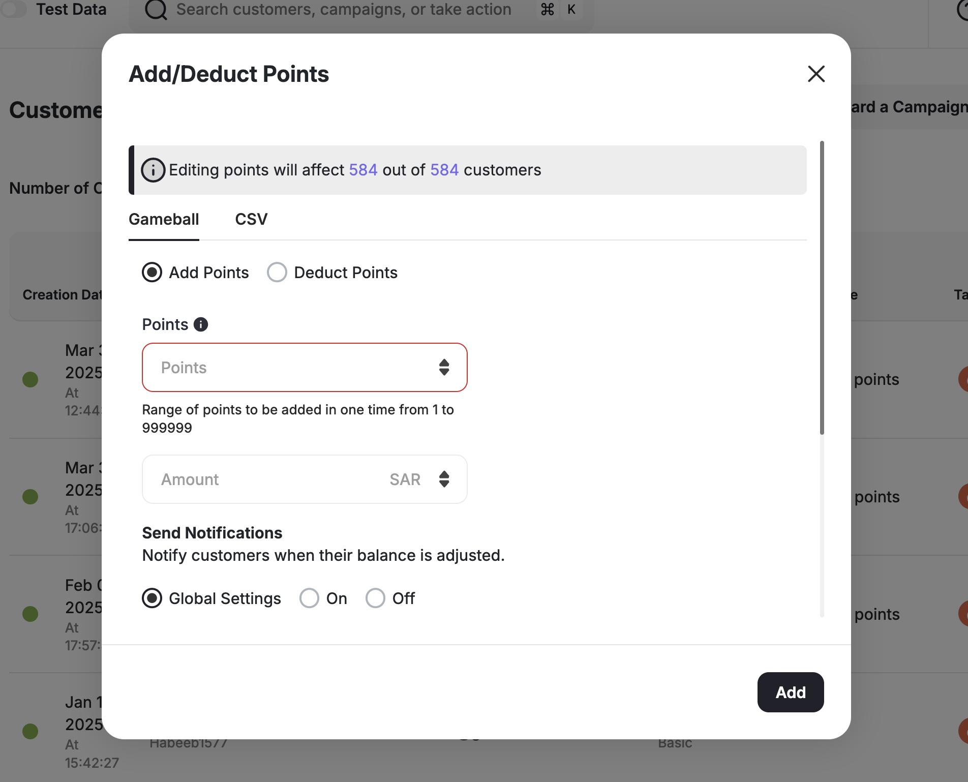 Add/Deduct Points Dialog