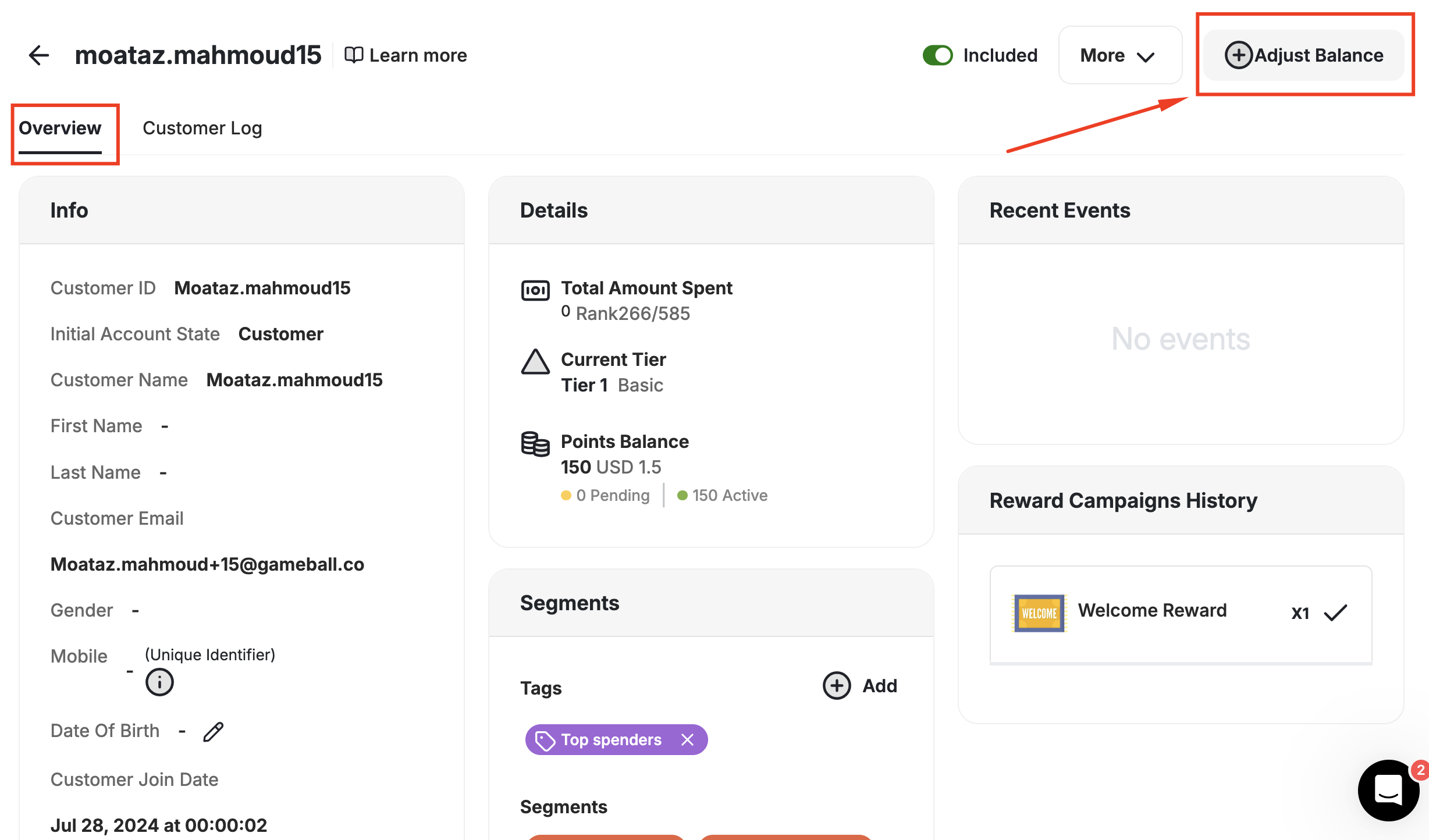 Adjust Balance Single Customer