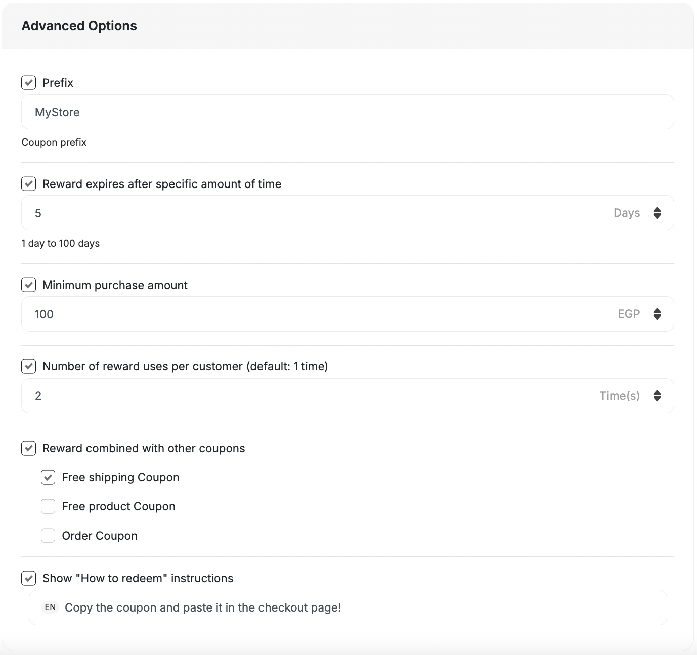 Free product advanced options