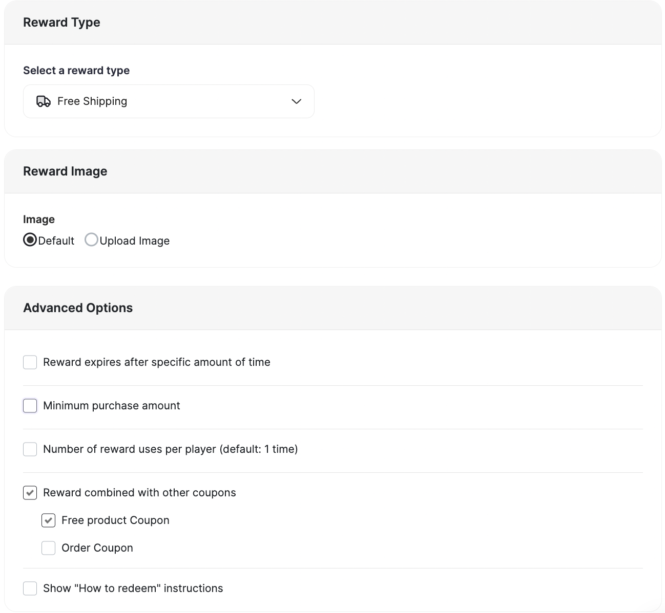 Free shipping reward configuration