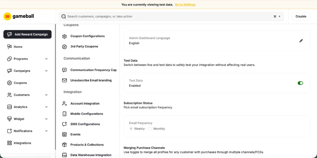 Test Data toggle in Admin Settings