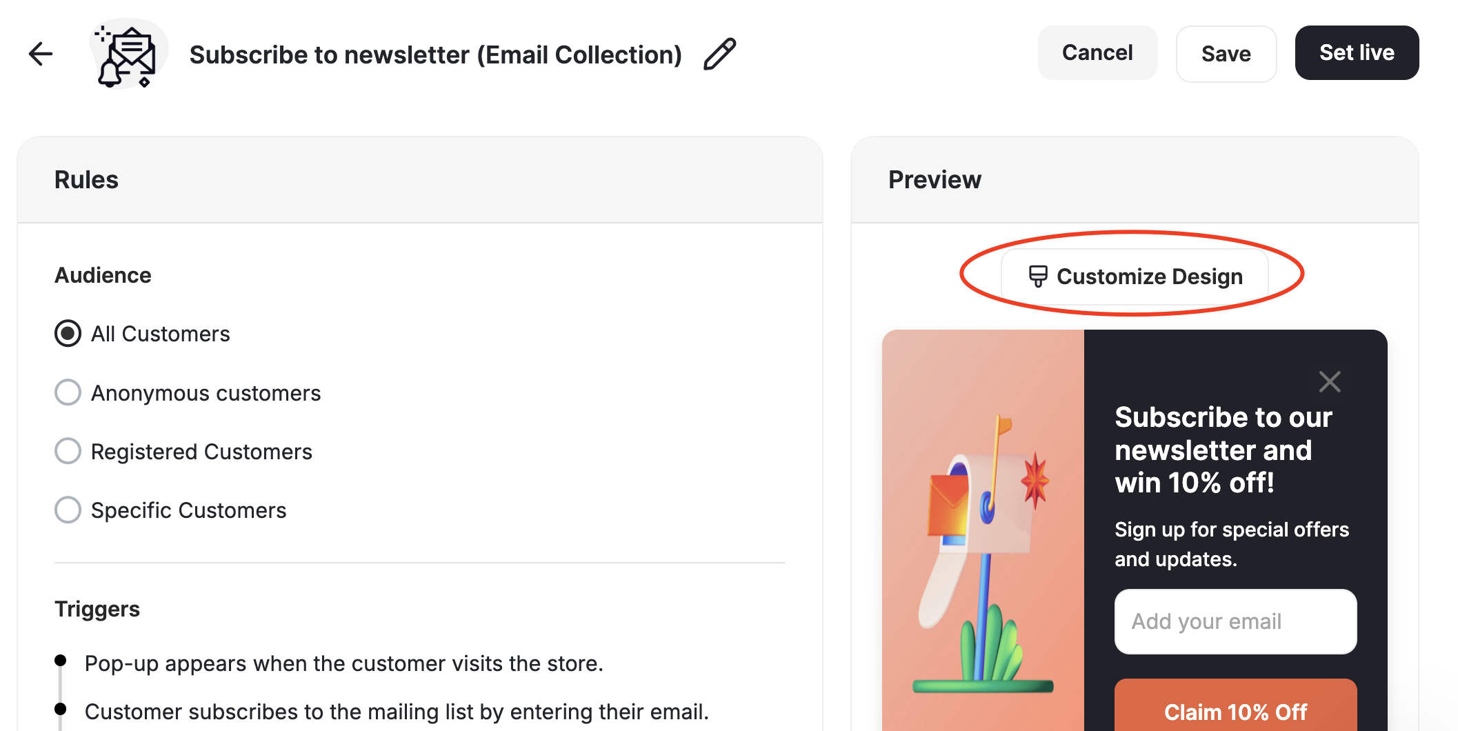 Customize design button