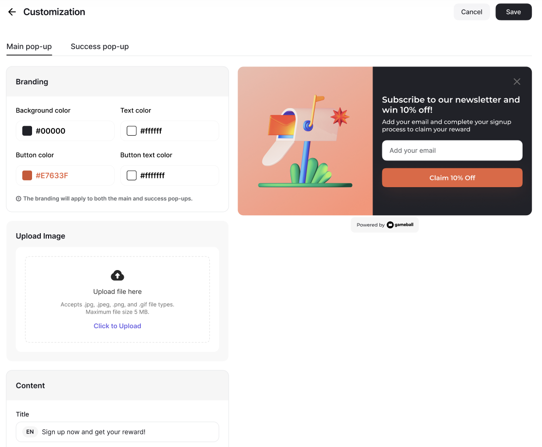 Main pop-up customization