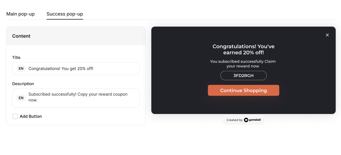 Success pop-up customization
