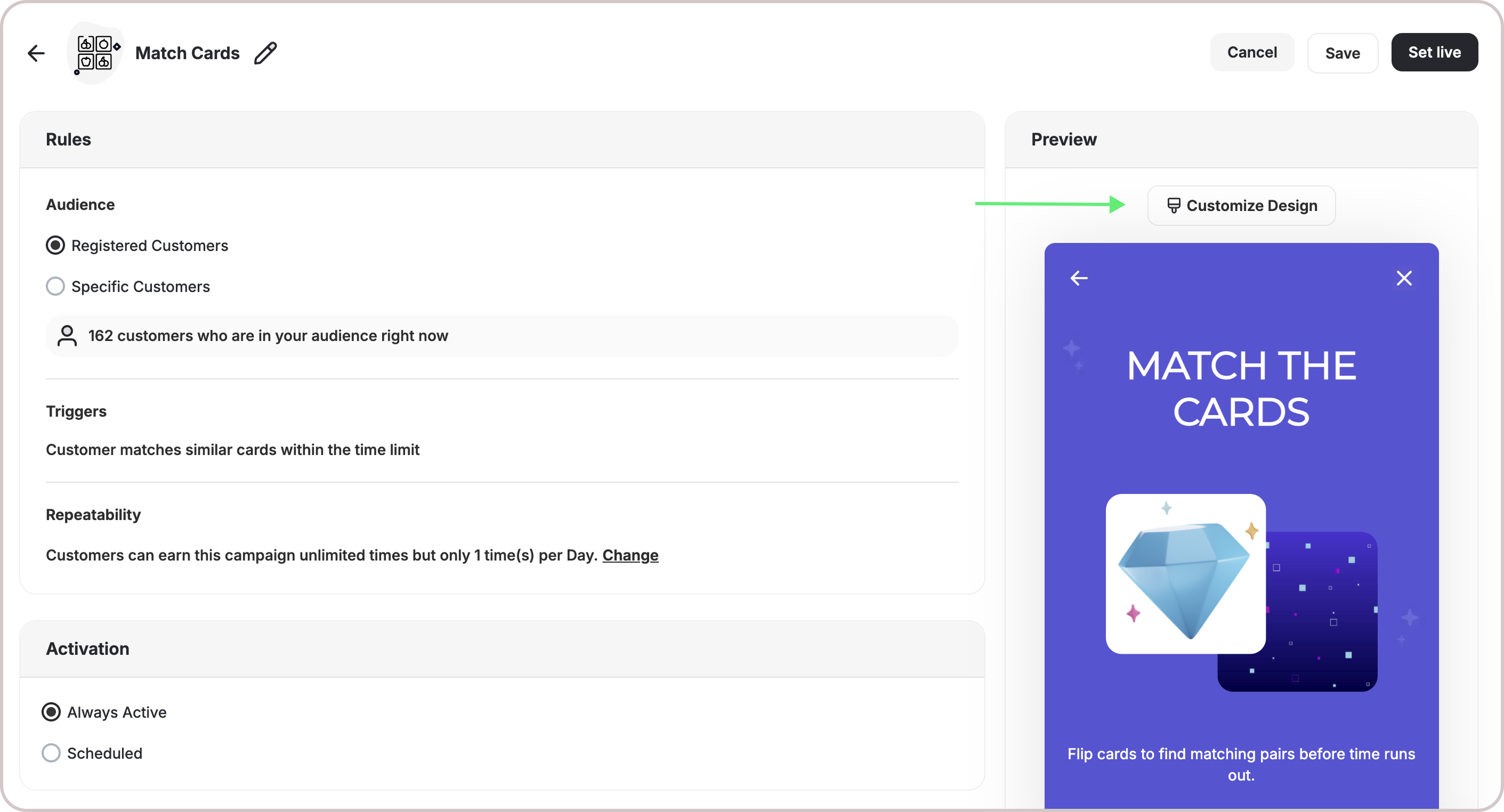 Match cards customization screens