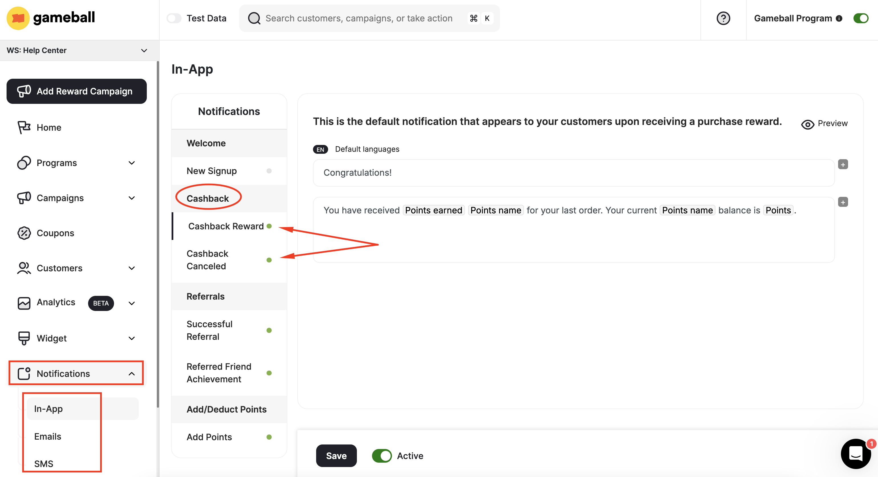 Cashback notifications navigation