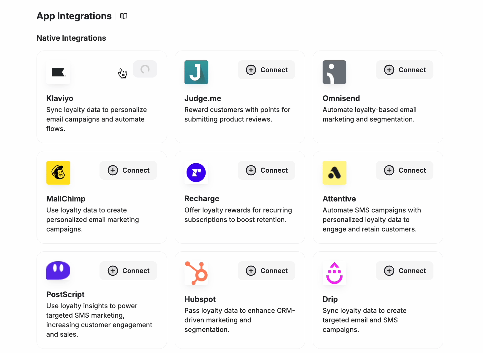 App Integrations page showing all native integrations