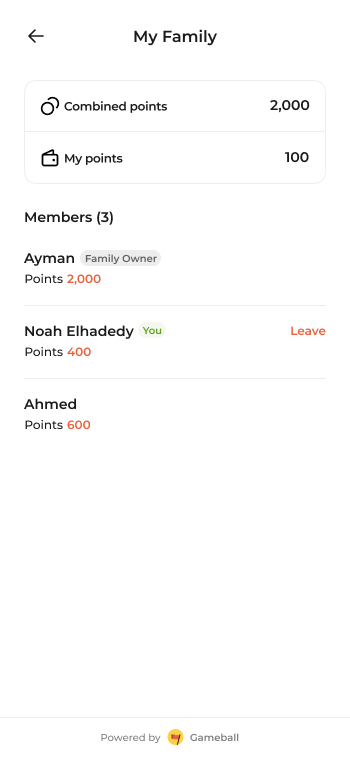 Mobile app view from Family Wallet Member showing combined and individual points