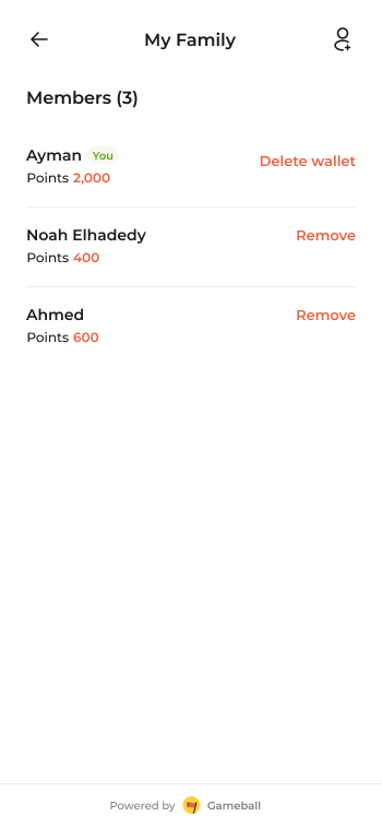 Mobile app view from Family Wallet Owner showing members list and management options