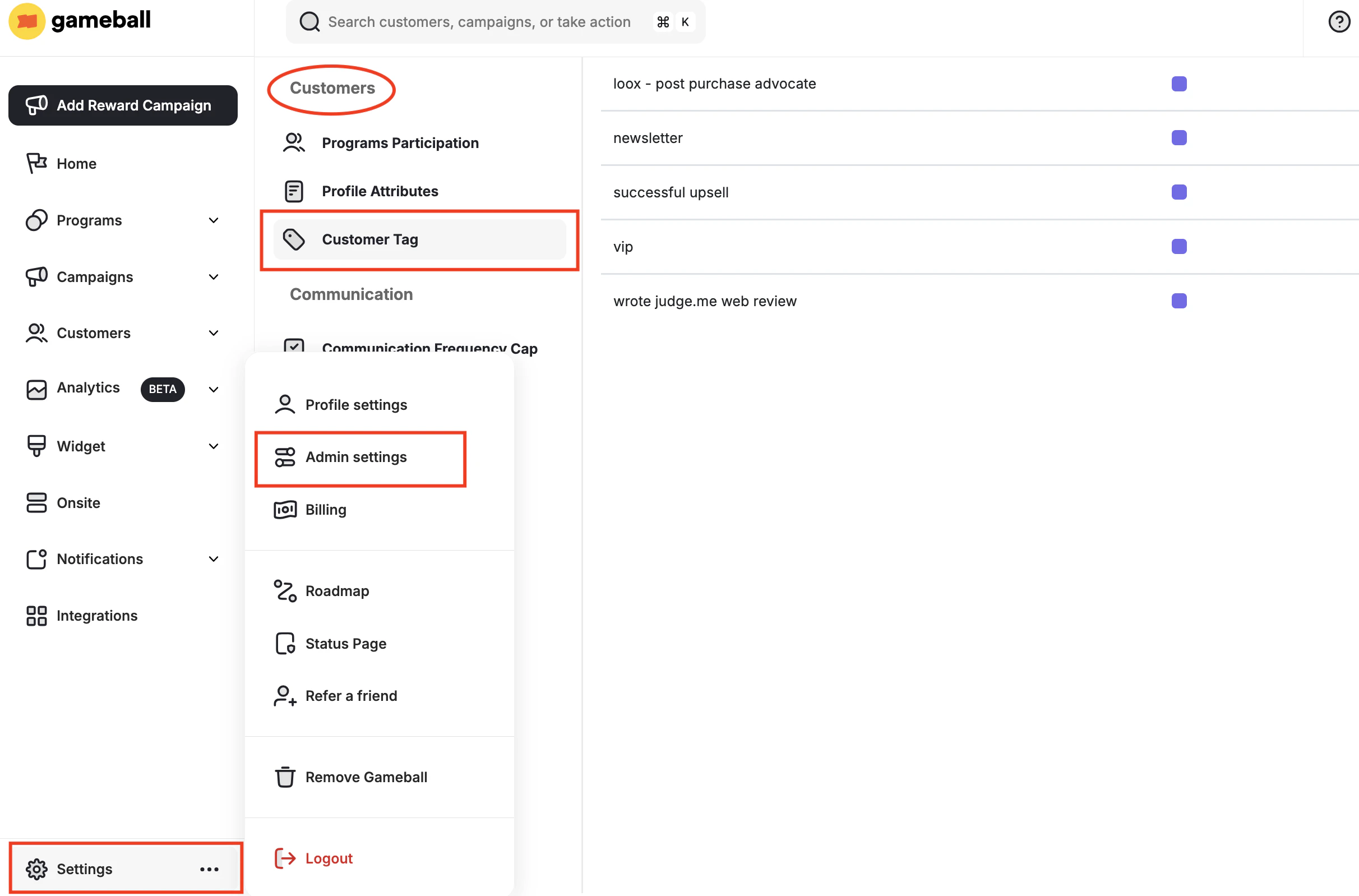 Customer tags settings page