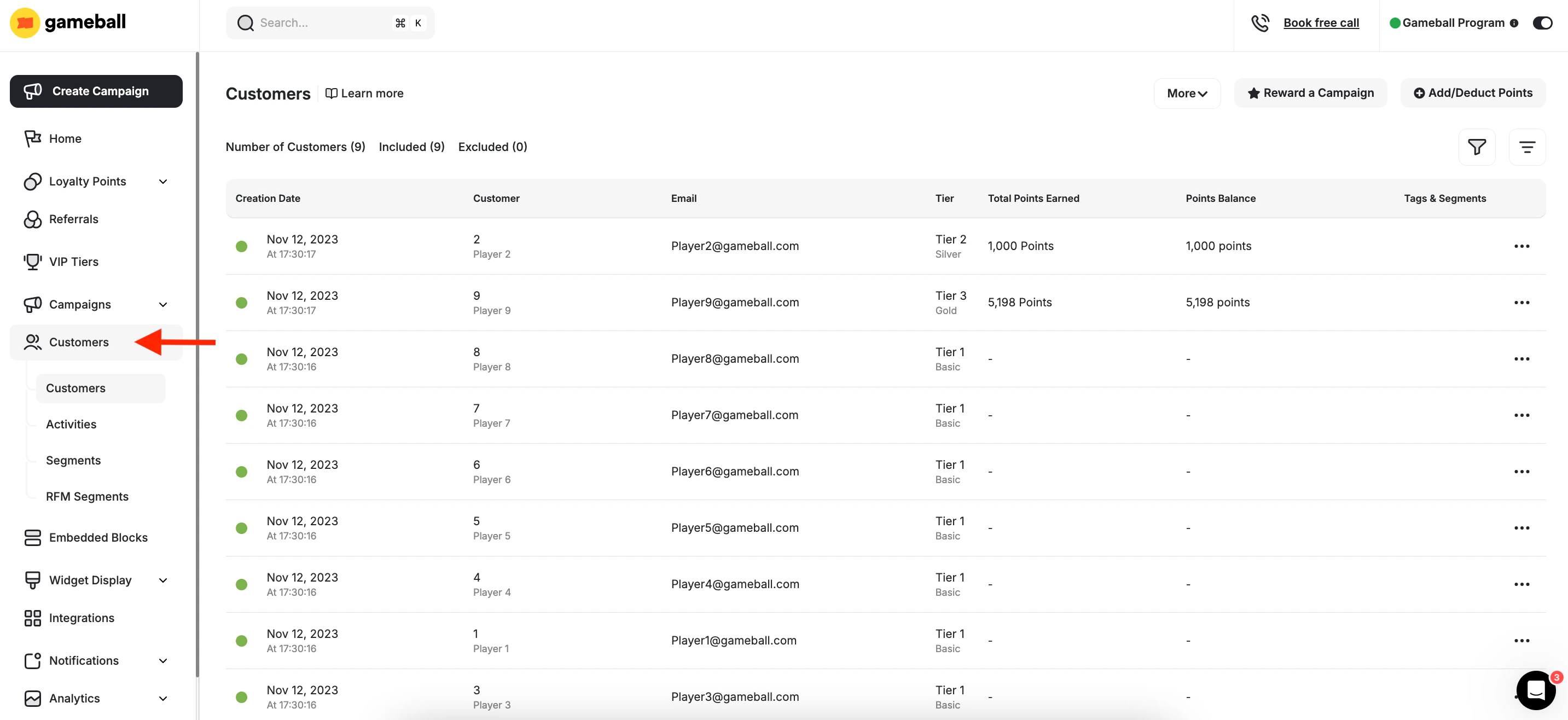 Customers tab in Gameball dashboard
