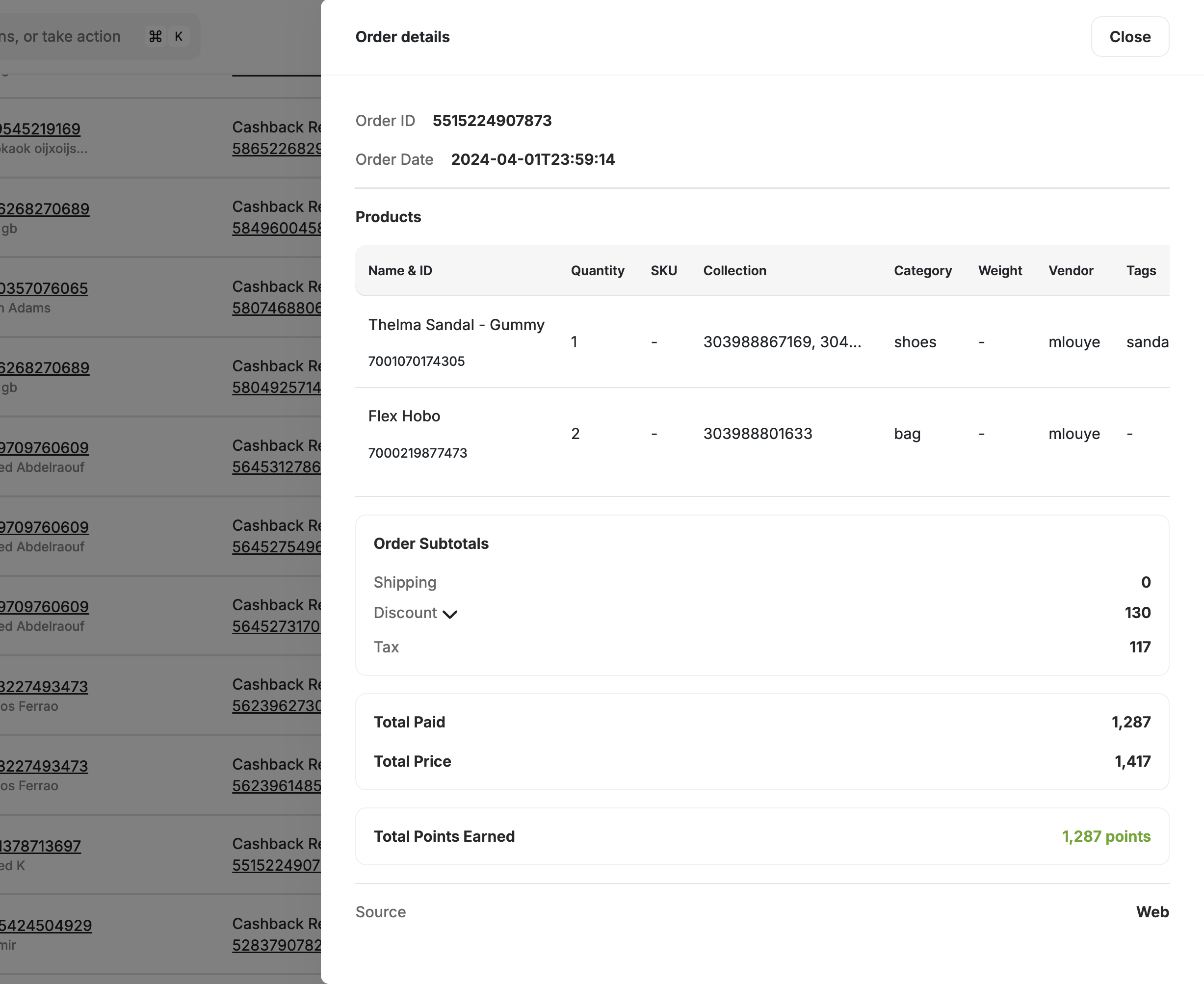 Order details side panel