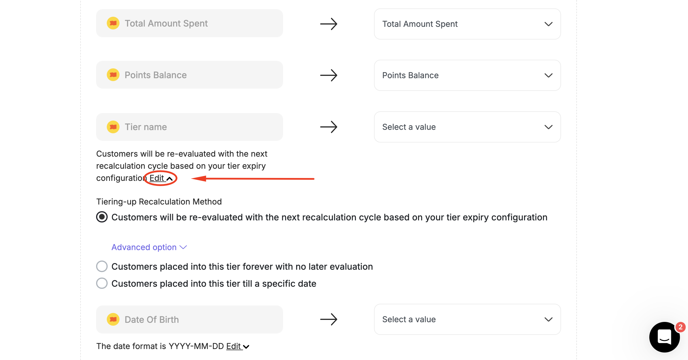 Tiering-up recalculation method