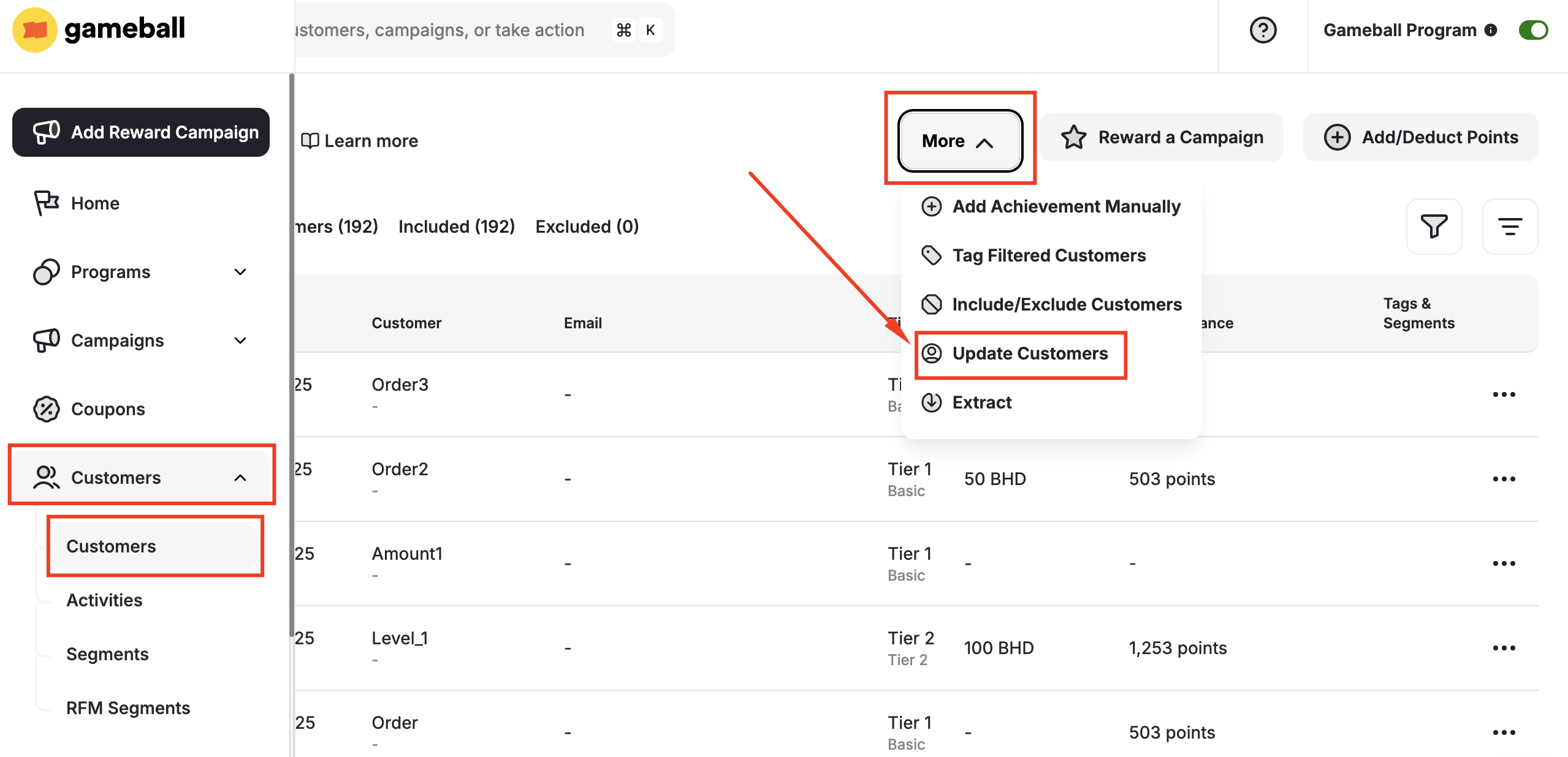 Update customers menu