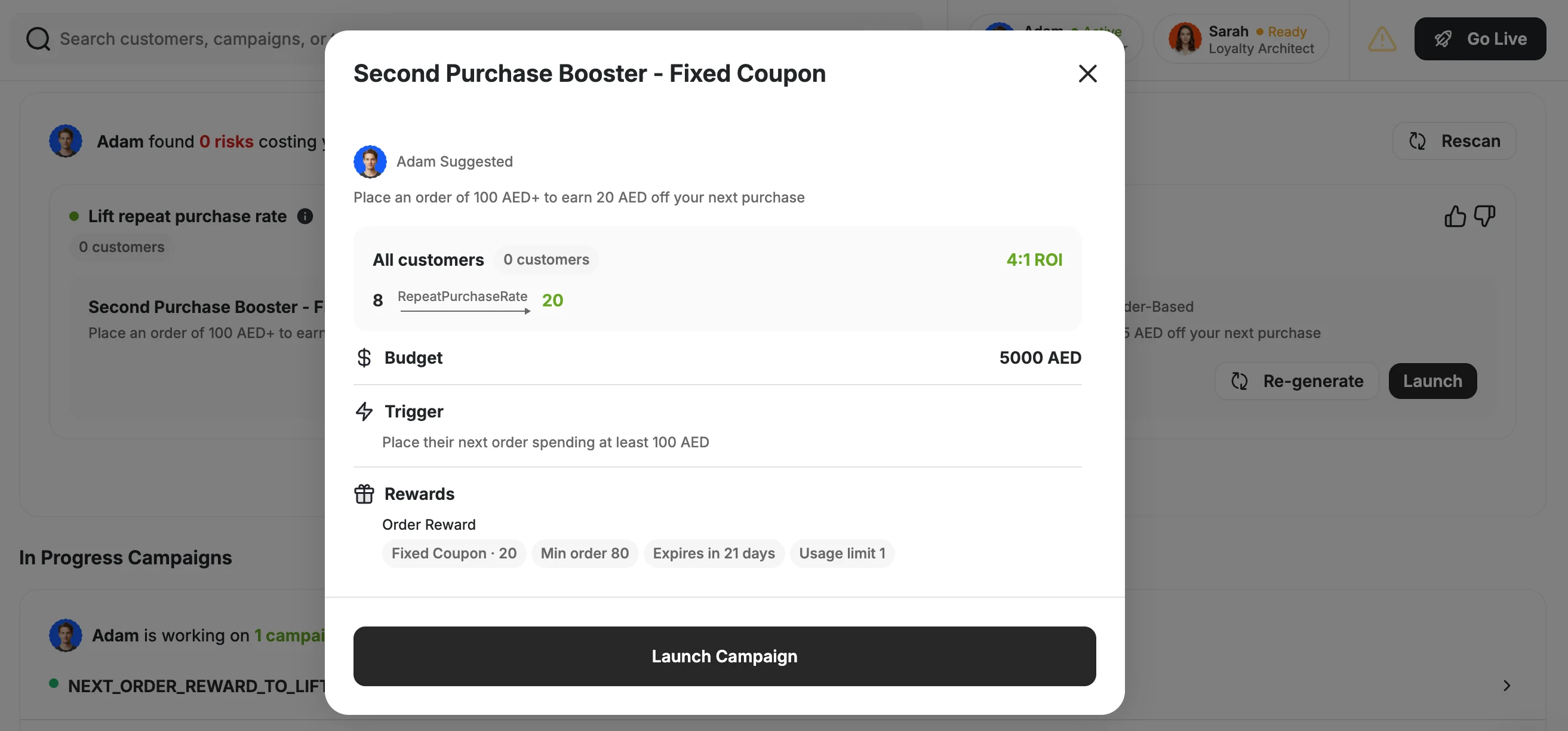 Campaign detail view showing audience, budget, trigger, and rewards before launching